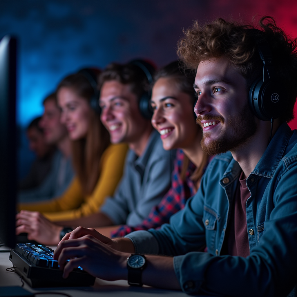 Diverse group of gamers collaborating in a positive online gaming environment, showing teamwork and mutual respect across different gaming platforms and communities