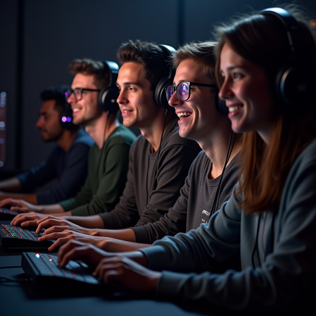 Diverse group of gamers collaborating in a positive online gaming environment, representing healthy community dynamics and inclusive gaming culture
