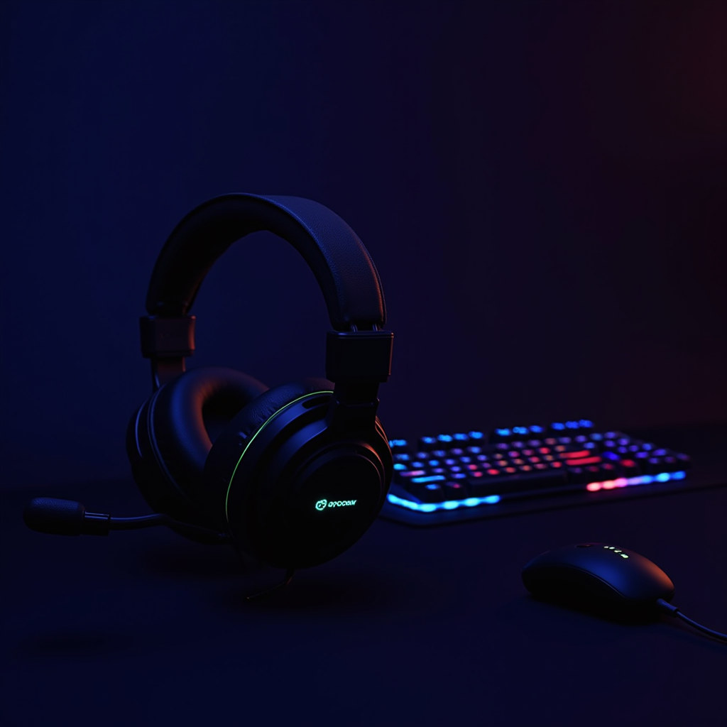 Professional gaming setup showing a high-quality headset with microphone positioned next to a mechanical keyboard with RGB lighting, representing the dual communication channels of voice and text chat in competitive gaming environments