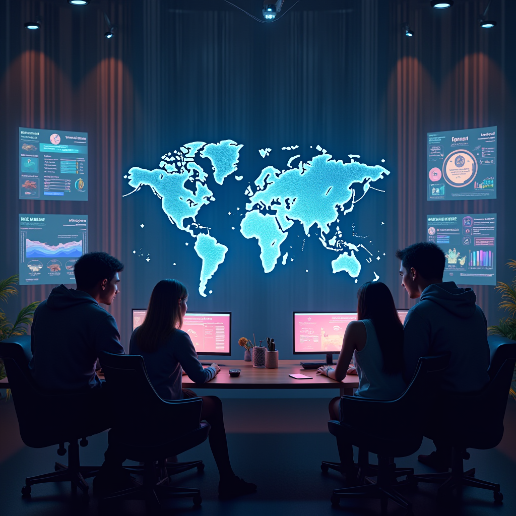 Futuristic visualization of positive gaming communities featuring advanced moderation tools, diverse players collaborating globally, AI-assisted community management, and inclusive gaming environments