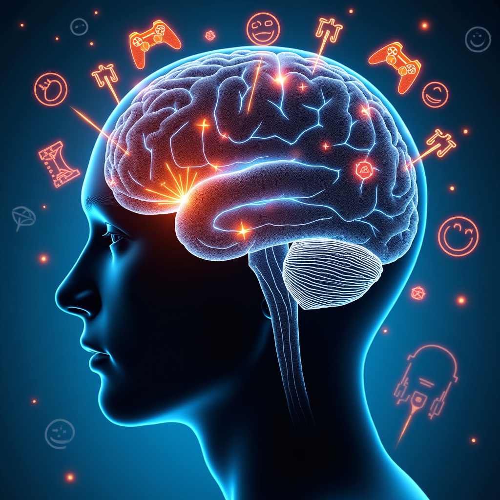 A detailed psychological diagram showing the human brain with highlighted regions related to stress response, ego threat, and emotional regulation, overlaid with gaming controller icons and competitive gaming imagery representing the mental triggers of toxic behavior in online multiplayer environments