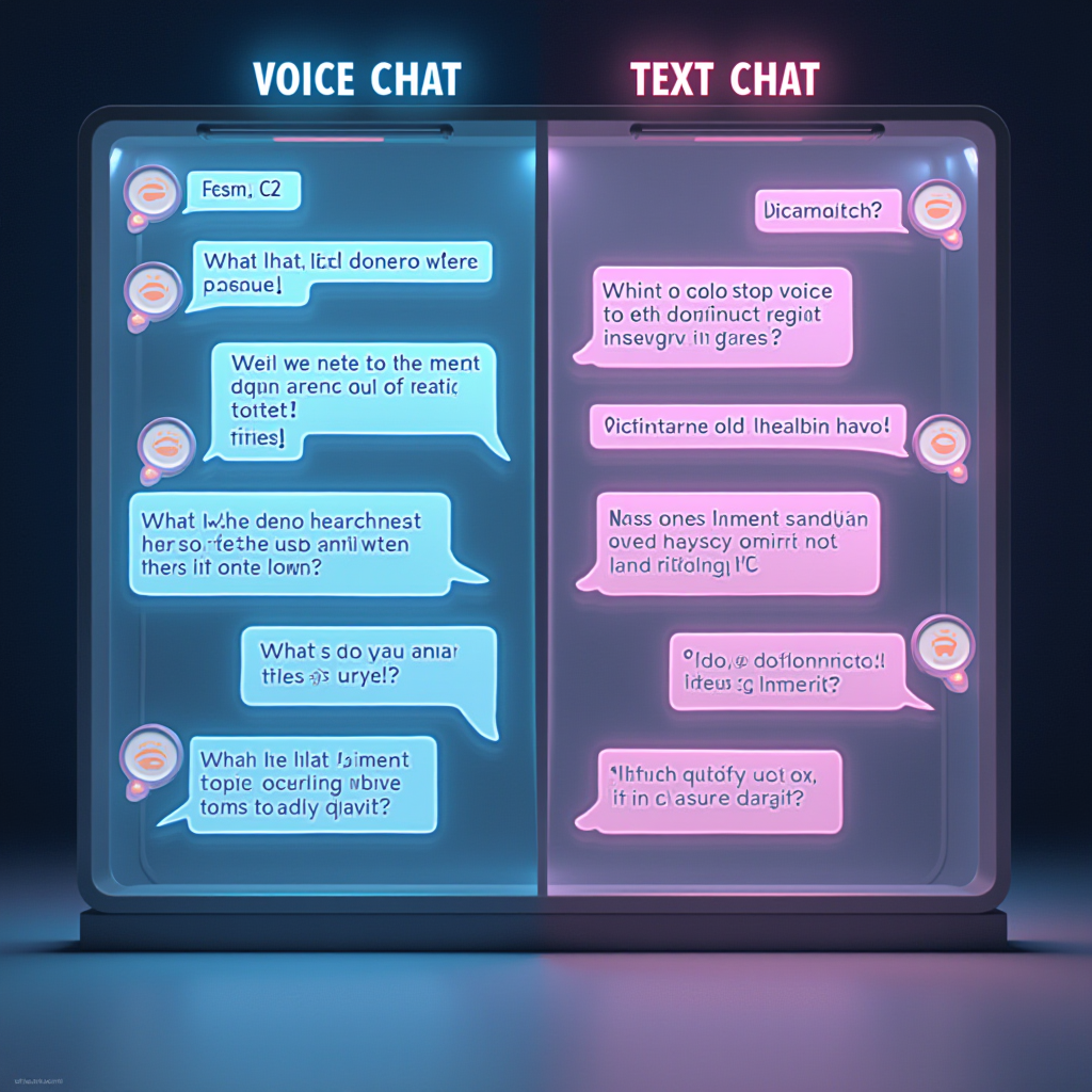 A split-screen comparison showing voice chat and text chat interfaces from CS2, Overwatch 2, and League of Legends, with visual indicators of different harassment patterns, speech bubbles representing immediacy versus permanence, and data visualization charts comparing toxic behavior metrics across communication methods