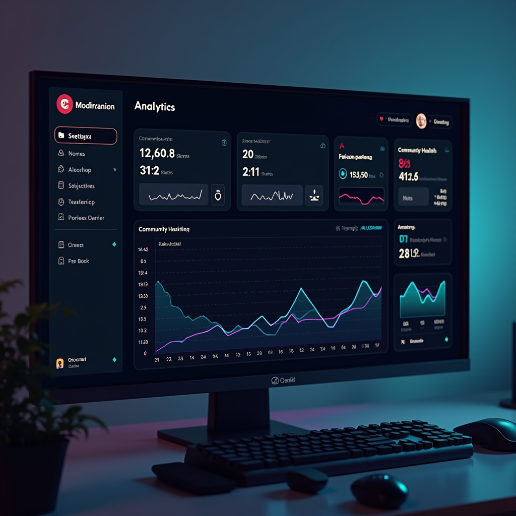 Digital dashboard showing moderation analytics with graphs, charts, and statistics tracking toxic behavior reports, ban rates, and community health metrics across different communication channels in gaming platforms