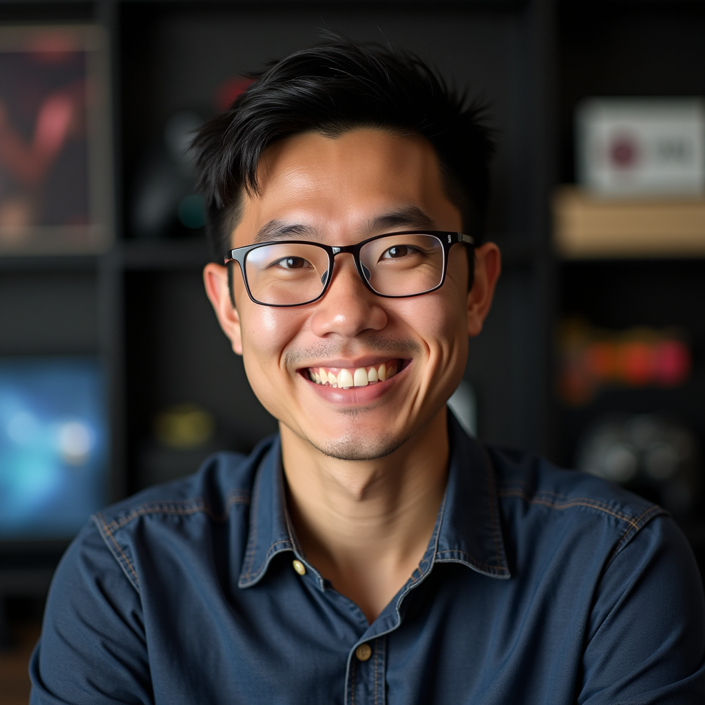 Professional headshot of Alex Chen, community management specialist and senior writer, in casual professional attire with gaming memorabilia visible in background