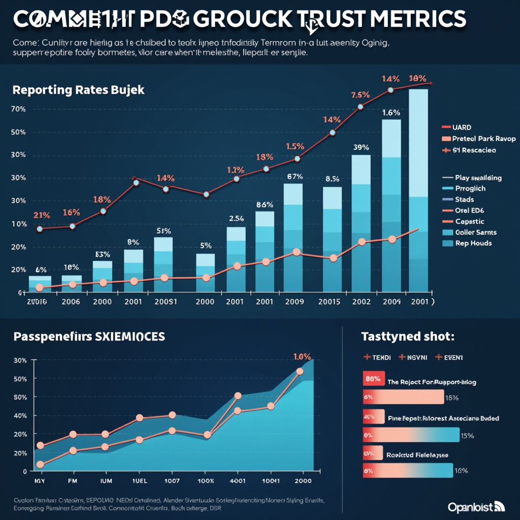 Comprehensive graph displaying the growth in community trust metrics over 18 months, including reporting rates, player satisfaction scores, and perceived system effectiveness with trend lines and statistical annotations
