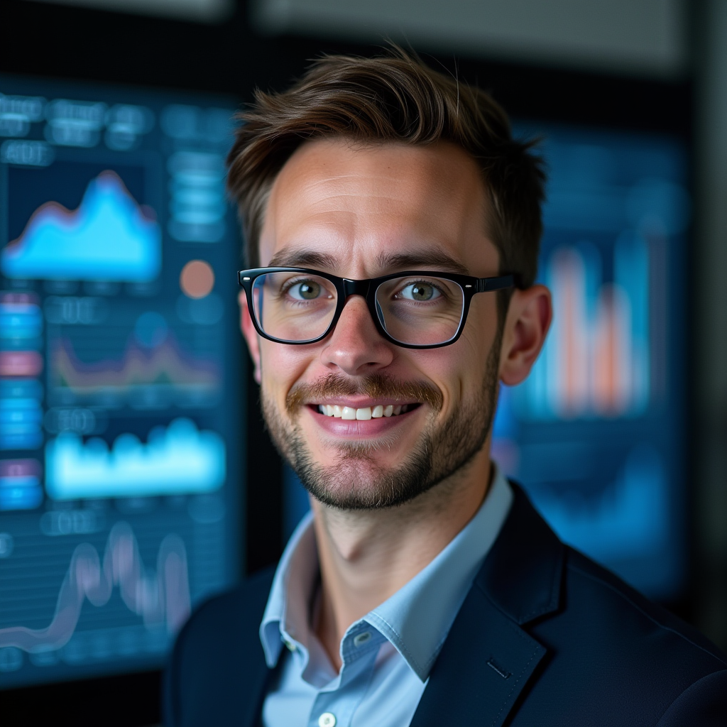 Professional headshot of Jordan Williams, data analyst and toxicity researcher, wearing glasses and professional attire with data visualizations visible on screen behind them
