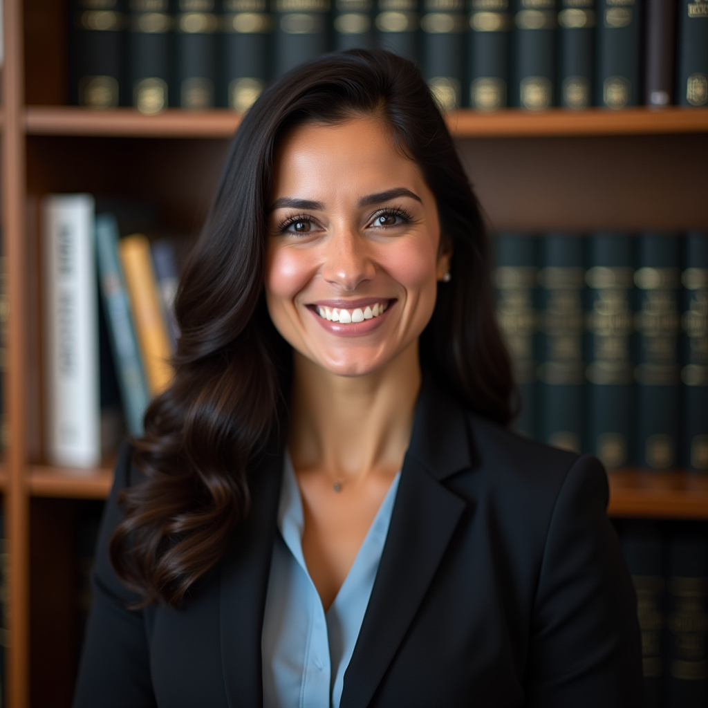 Professional headshot of Sofia Rodriguez, legal and policy advisor, in professional business attire with law books and gaming industry publications visible behind her